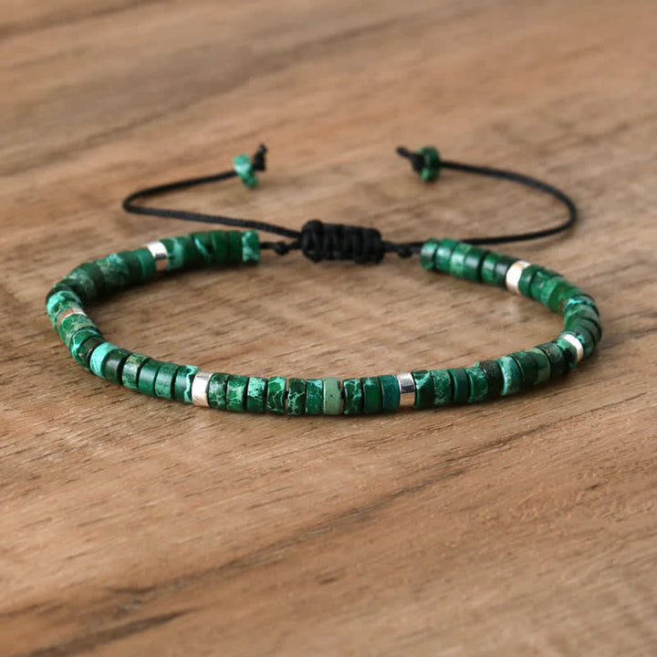 Braided Bracelet with 2.4 mm Natural Stone Rollers - Seraphina-Dark green emperor stone-Nora Luxe