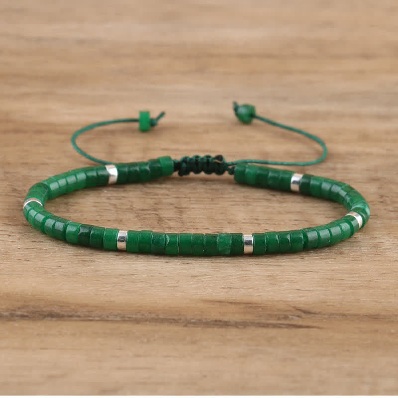 Braided Bracelet with 2.4 mm Natural Stone Rollers - Seraphina-Dark green jade-Nora Luxe
