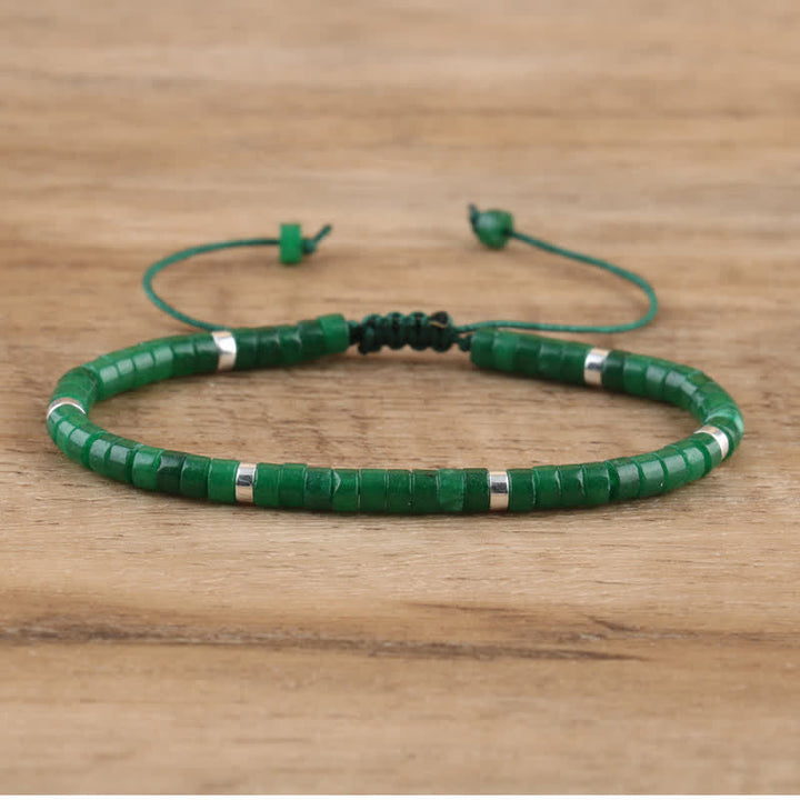 Braided Bracelet with 2.4 mm Natural Stone Rollers - Seraphina-Dark green jade-Nora Luxe