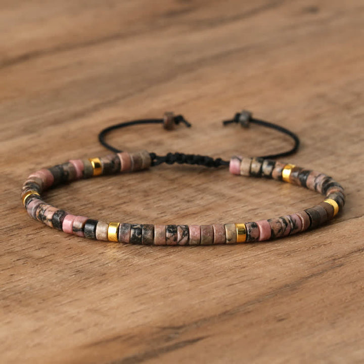 Braided Bracelet with 2.4 mm Natural Stone Rollers - Seraphina-Rhodonite-Nora Luxe