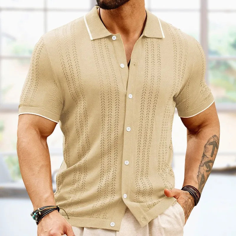 Breathable & Classic Knit Polo Shirt Made of Cotton for Men - Leano-Khaki-S-Nora Luxe