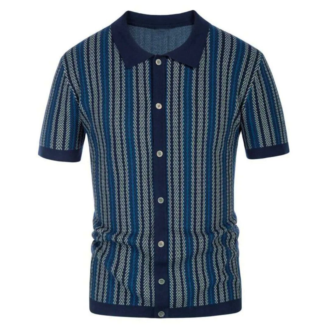 Breathable men's chevron polo shirt with button placket – Julian-Navy-S-Nora Luxe