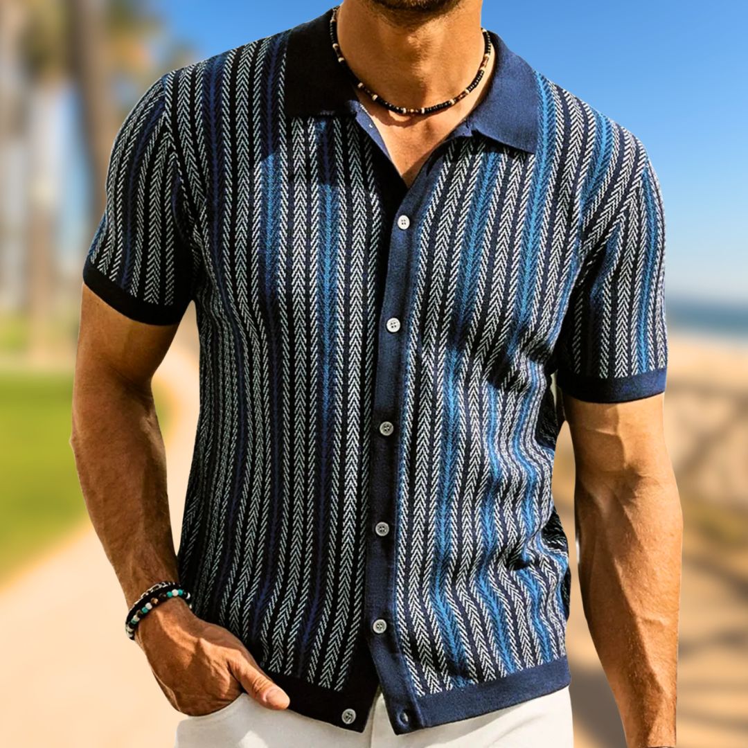 Breathable men's chevron polo shirt with button placket – Julian-Navy-S-Nora Luxe