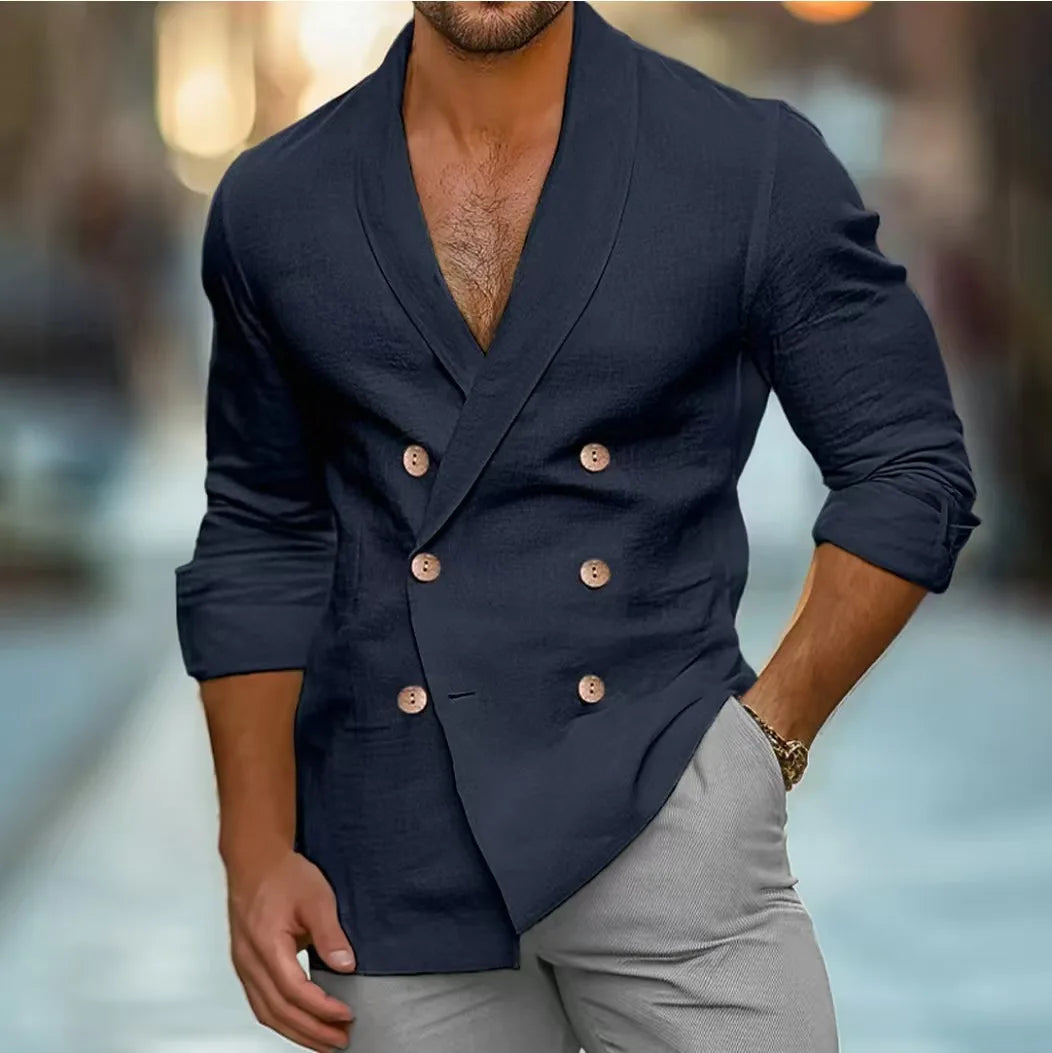 Breathable & Stylish Double-Breasted Linen Shirt for Men – Mateo-Navy blue-S-Nora Luxe
