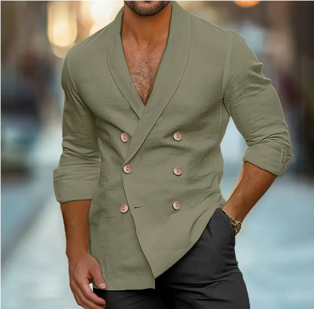 Breathable & Stylish Double-Breasted Linen Shirt for Men – Mateo-Olive green-S-Nora Luxe