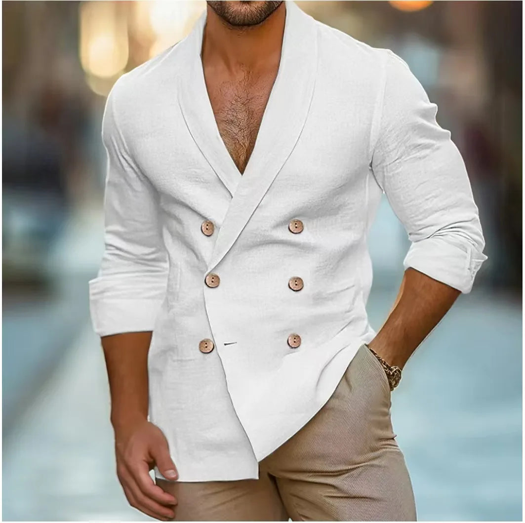 Breathable & Stylish Double-Breasted Linen Shirt for Men – Mateo-White-S-Nora Luxe