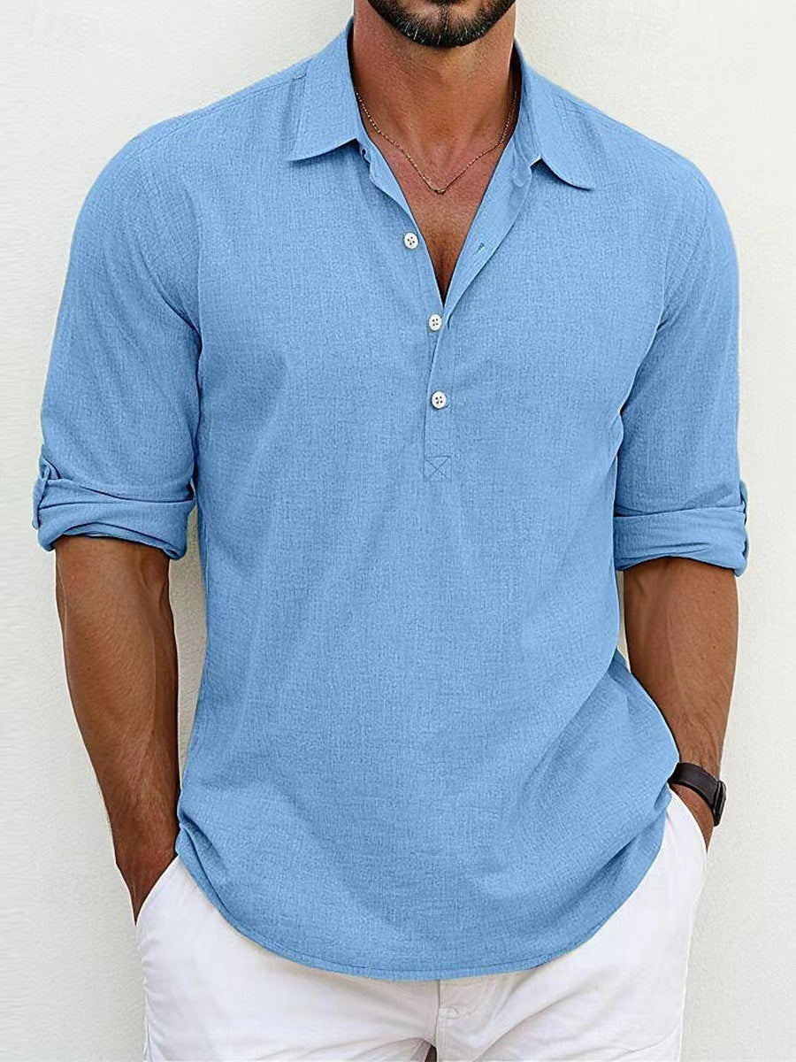 Breathable & Timeless Men's Linen Shirt with Button Placket – Niko-Blue-S-Nora Luxe
