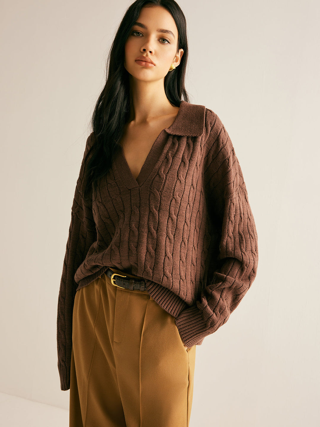 Brown V-Neck Jumper for Women - Sienna-XS-Nora Luxe