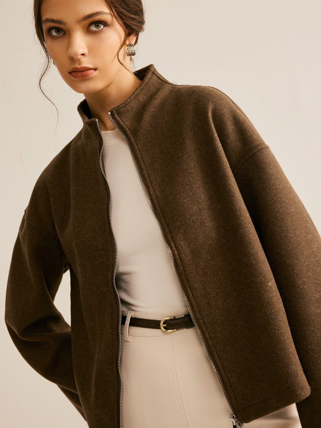 Brown Zipper Jacket for Women - Elena-XS-Nora Luxe