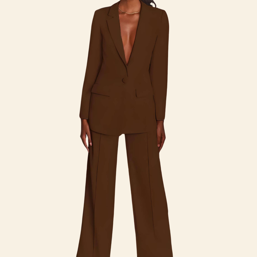 Business 2-Piece Set with Blazer and Wide Trousers - Sophia-Coffee-S-Nora Luxe