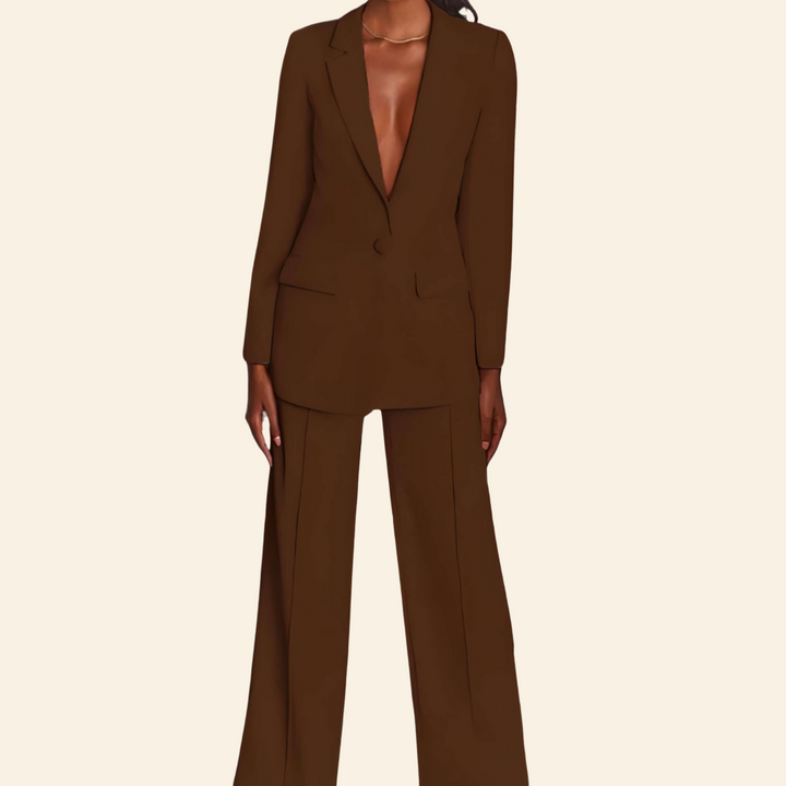 Business 2-Piece Set with Blazer and Wide Trousers - Sophia-Coffee-S-Nora Luxe