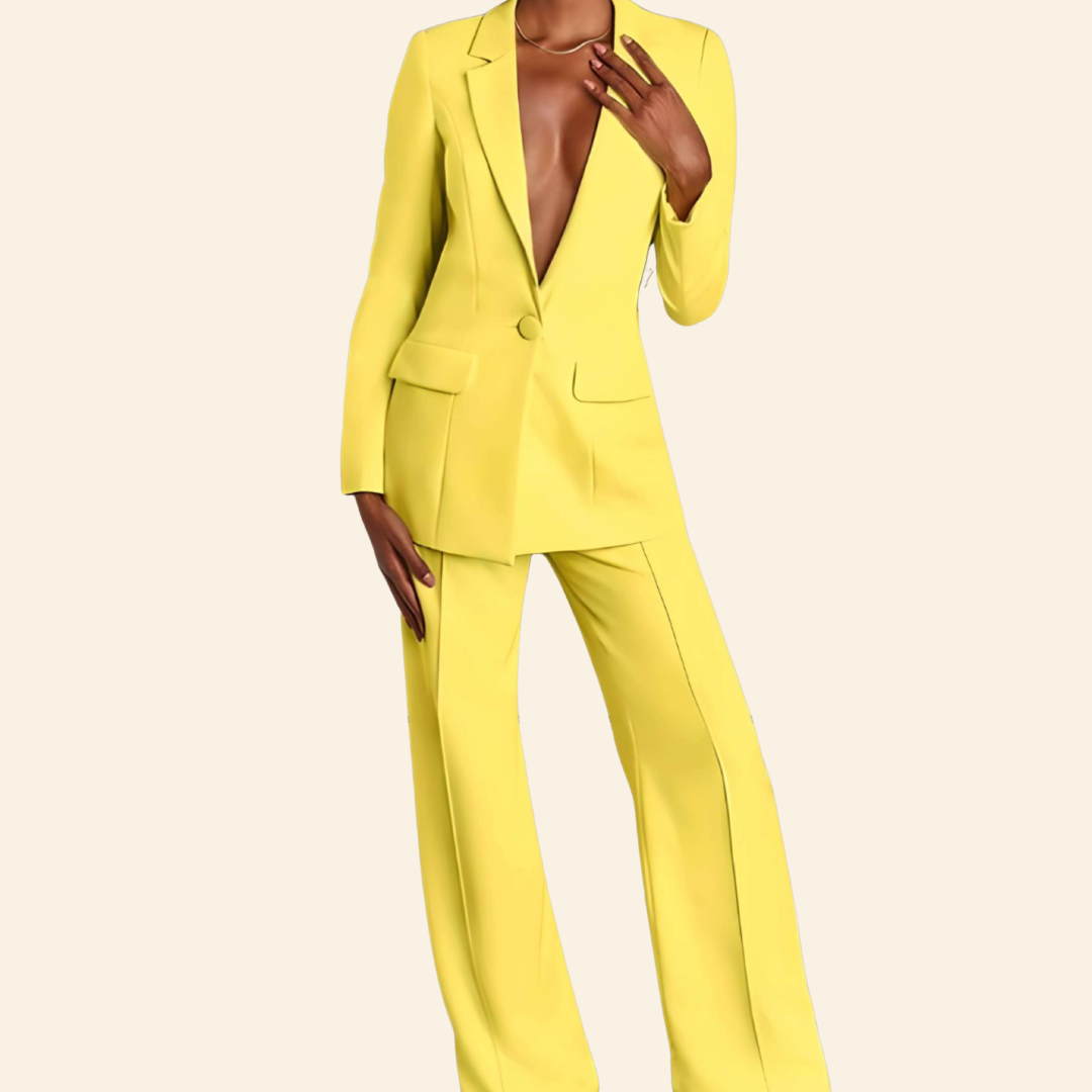 Business 2-Piece Set with Blazer and Wide Trousers - Sophia-Yellow-S-Nora Luxe