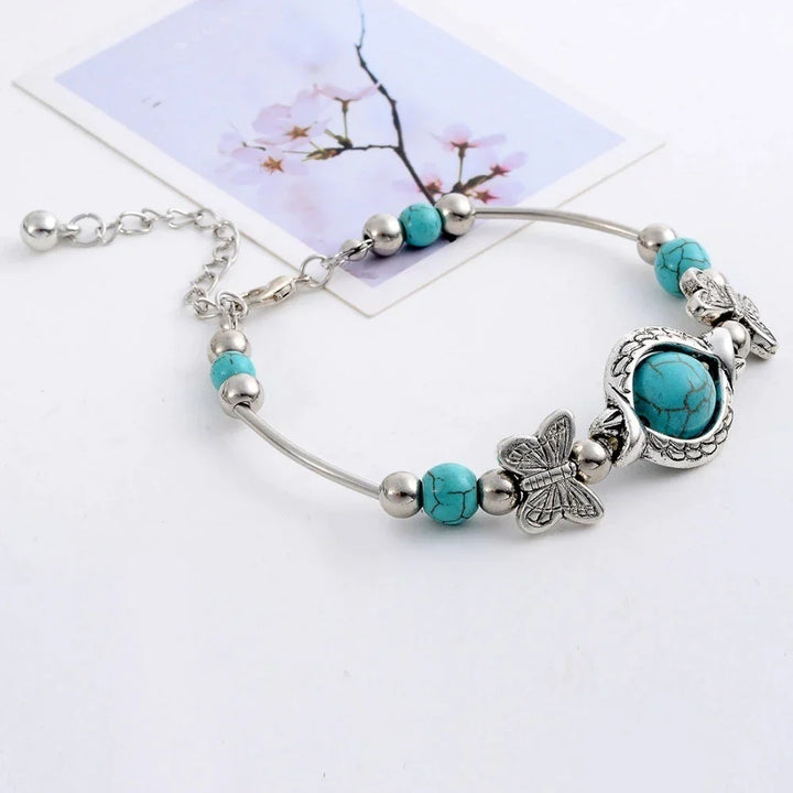 BUTTERFLY AND TURQUOISE BEAD BRACELET-Nora Luxe
