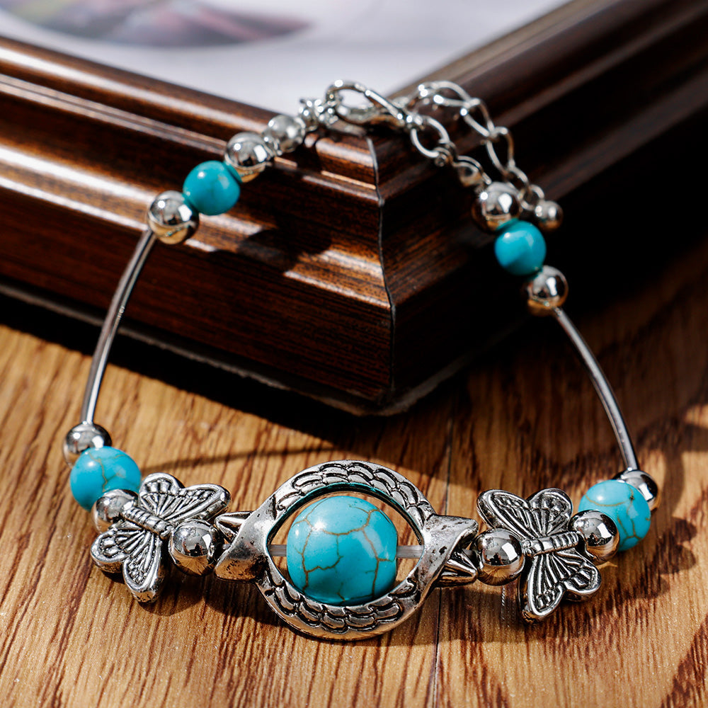 BUTTERFLY AND TURQUOISE BEAD BRACELET-Nora Luxe