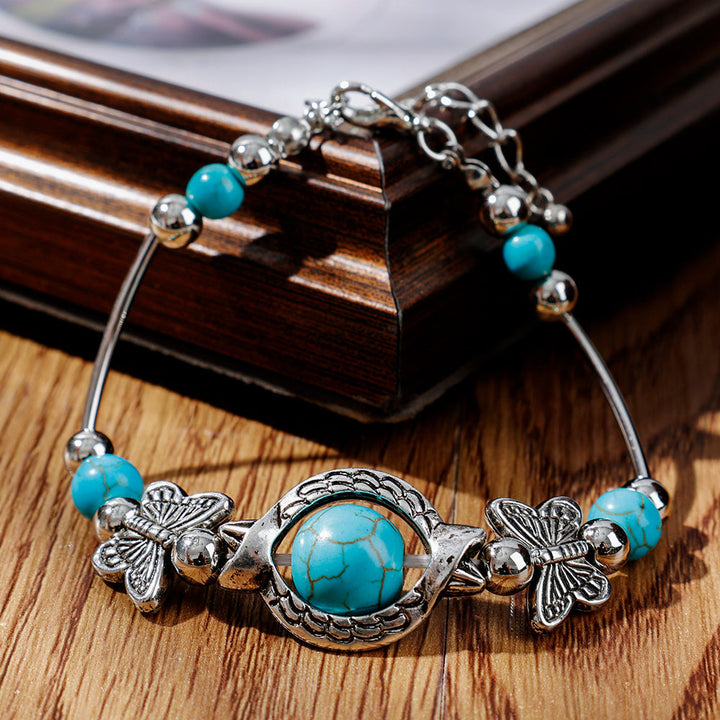 BUTTERFLY AND TURQUOISE BEAD BRACELET-Nora Luxe