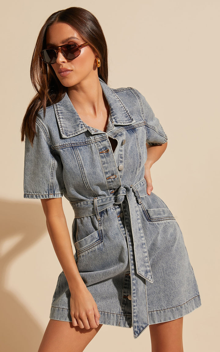 Button-Down Denim Mini Dress - Aria-Denim-XS-Nora Luxe