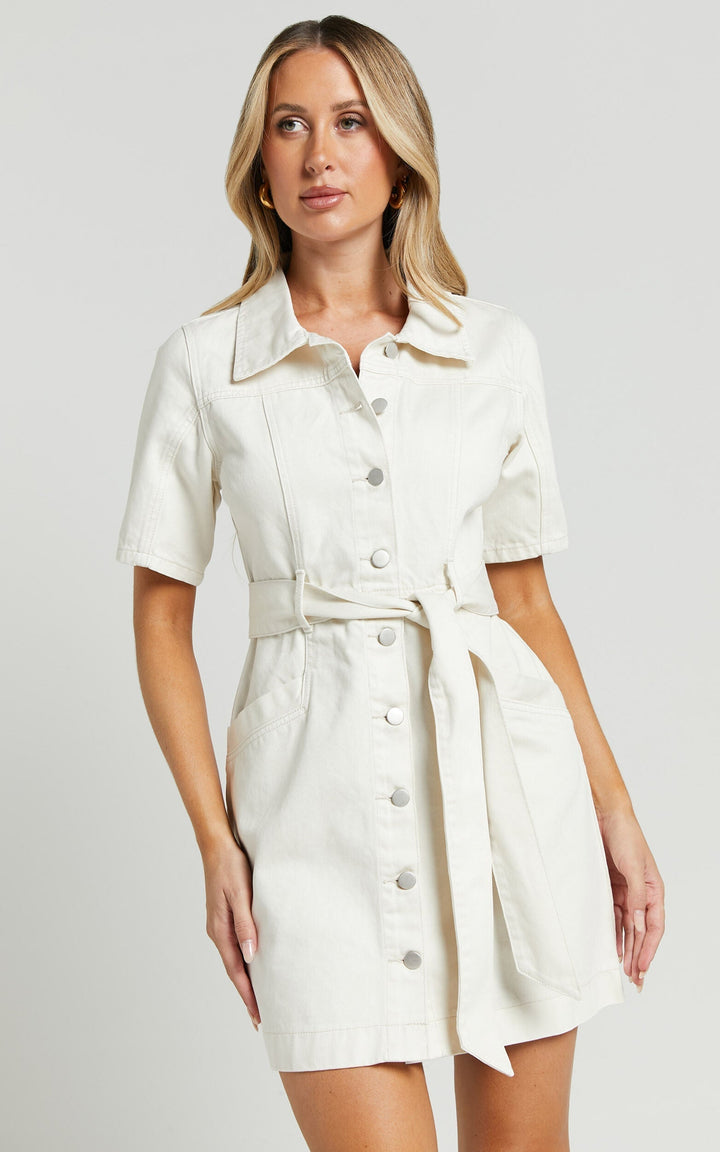 Button-Down Denim Mini Dress - Aria-Ecru-XS-Nora Luxe
