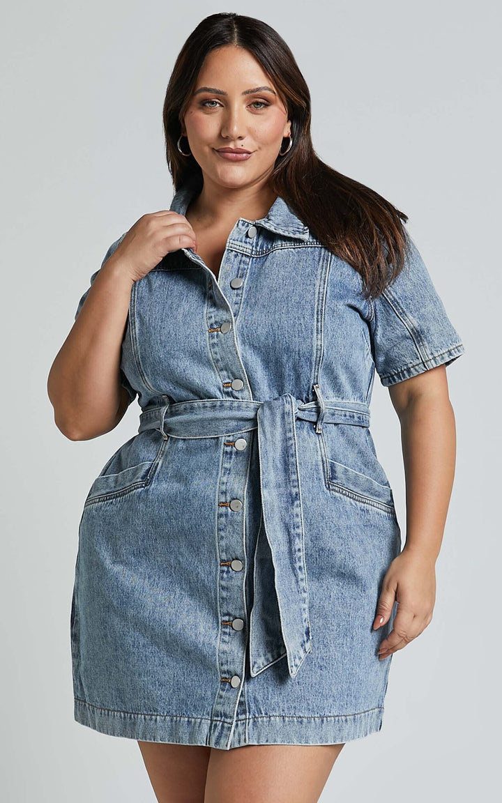 Button-Down Denim Mini Dress - Aria-Ecru-XS-Nora Luxe