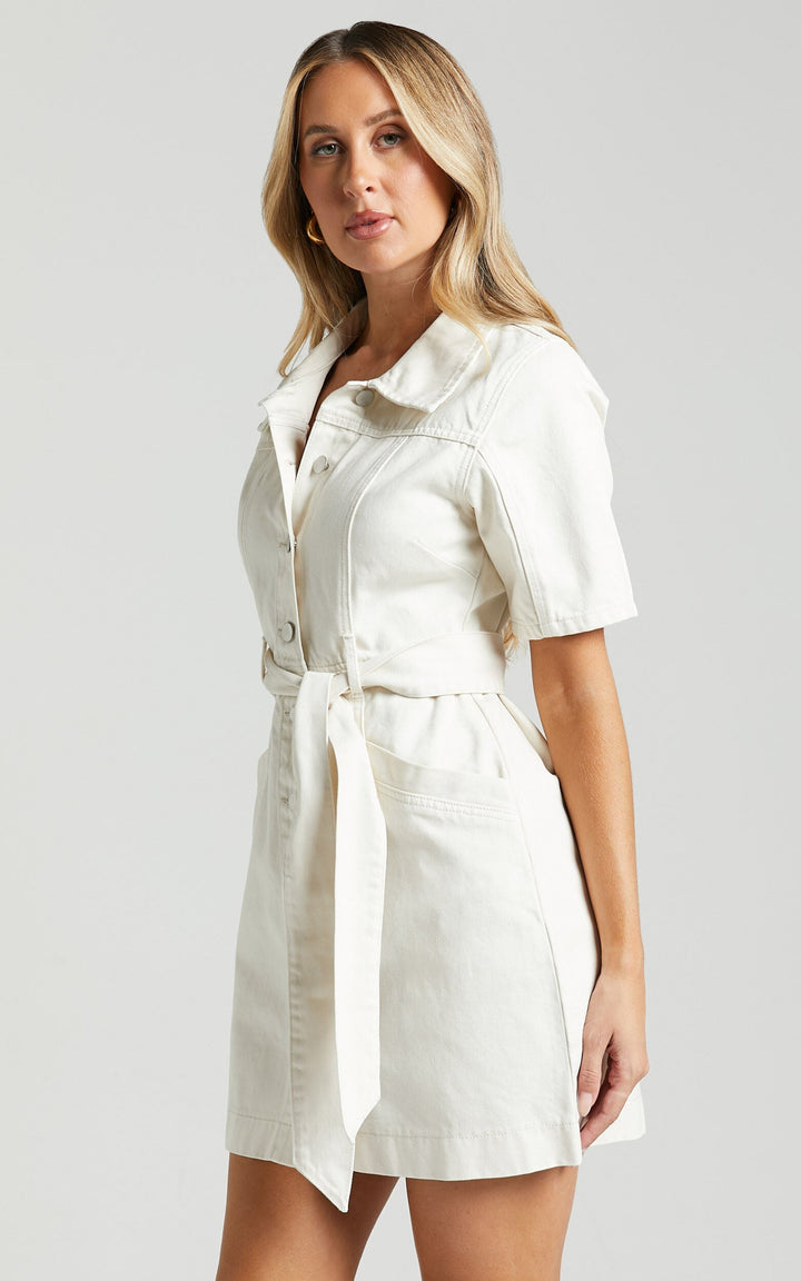 Button-Down Denim Mini Dress - Aria-Ecru-XS-Nora Luxe