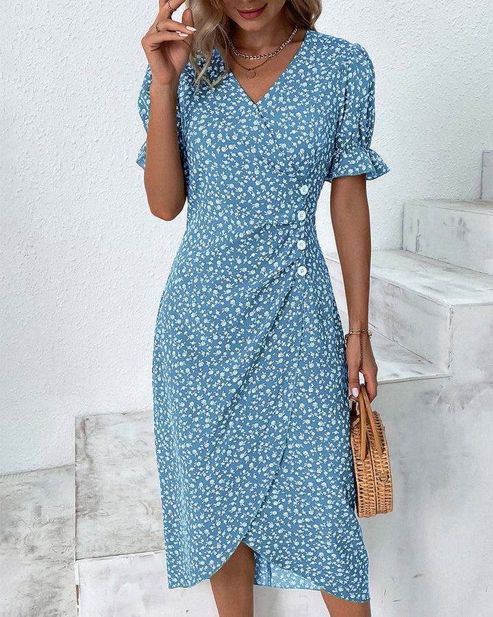 Button dress with V-neck & short sleeves – Luisa-Blue-S-Nora Luxe