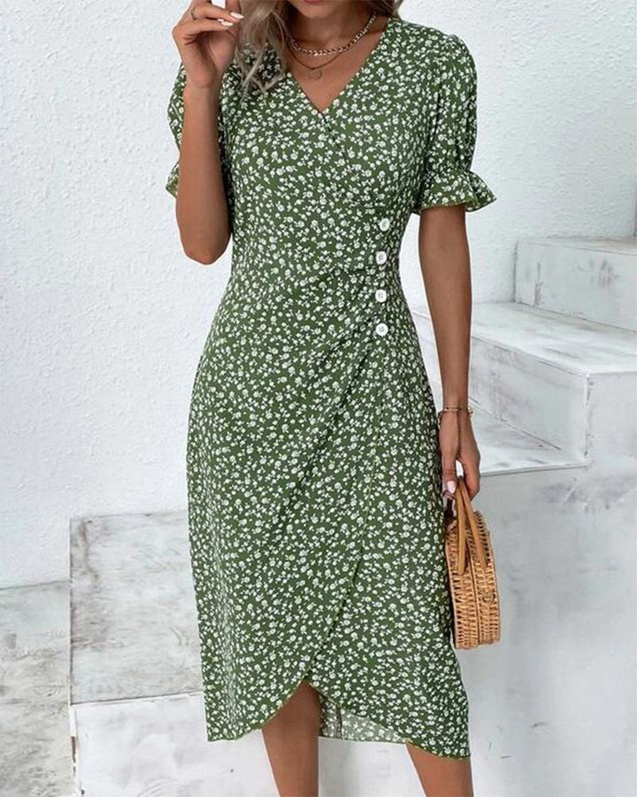 Button dress with V-neck & short sleeves – Luisa-Green-S-Nora Luxe