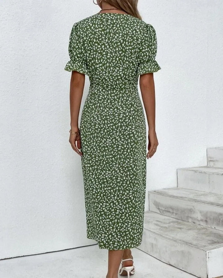 Button dress with V-neck & short sleeves – Luisa-Green-S-Nora Luxe