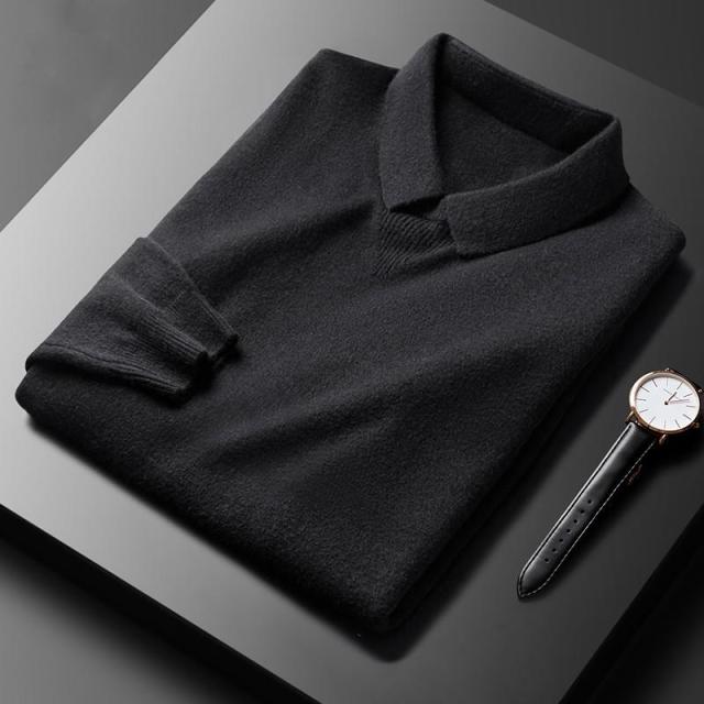 Cashmere Polo Sweater - LuxeRetro-Black-S-Nora Luxe