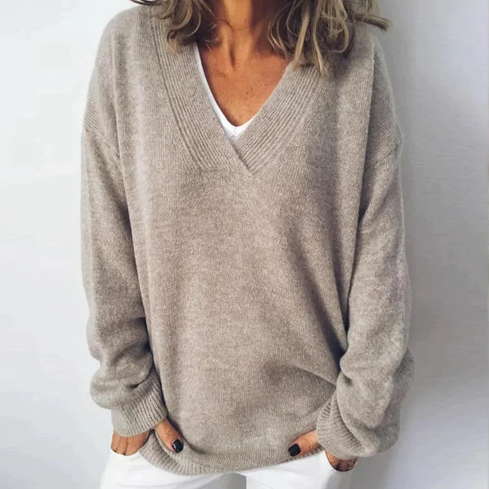 Cashmere V-neck Women's Sweater - Sofia-Beige-S-Nora Luxe