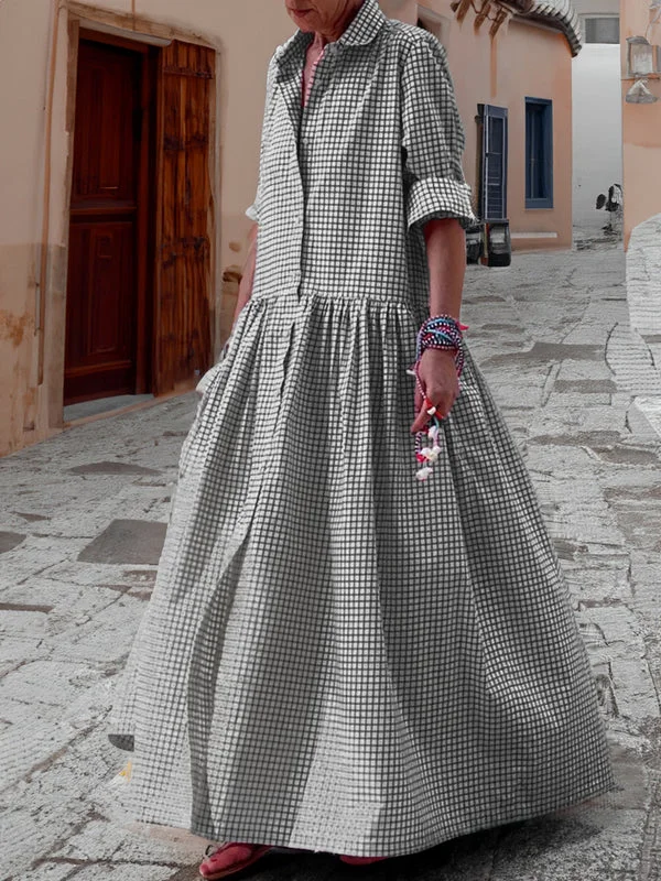 Casual Checked Swing Dress with Long Sleeves - Sofie-Black-S-Nora Luxe