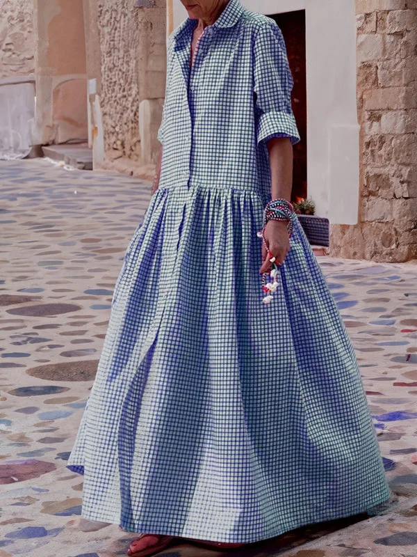 Casual Checked Swing Dress with Long Sleeves - Sofie-Blue-S-Nora Luxe