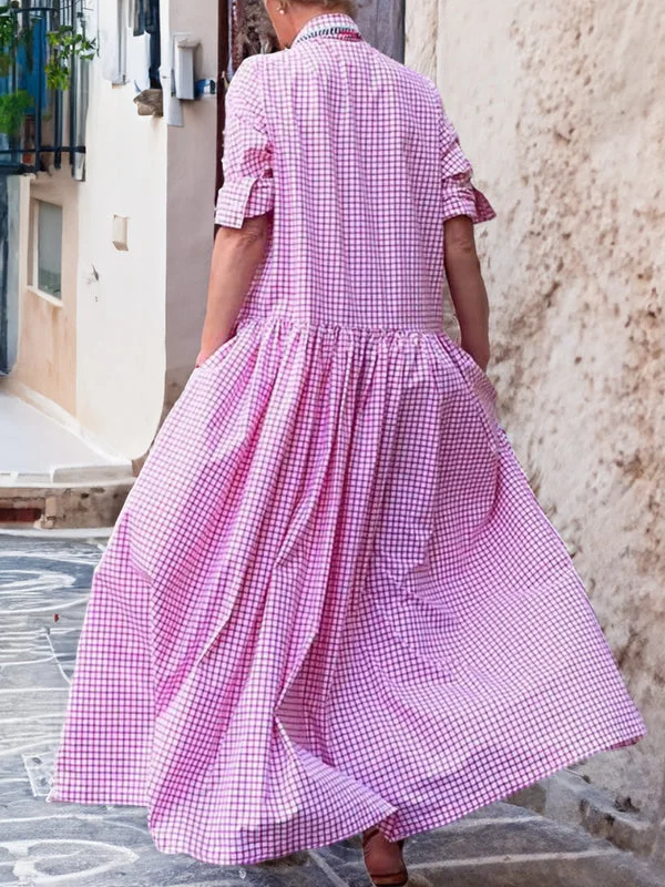 Casual Checked Swing Dress with Long Sleeves - Sofie-Pink-S-Nora Luxe