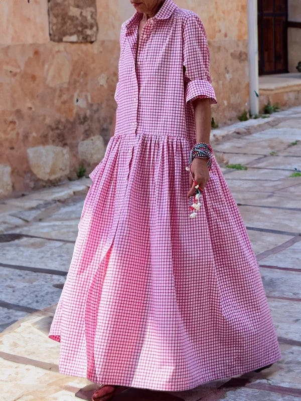 Casual Checked Swing Dress with Long Sleeves - Sofie-Pink-S-Nora Luxe