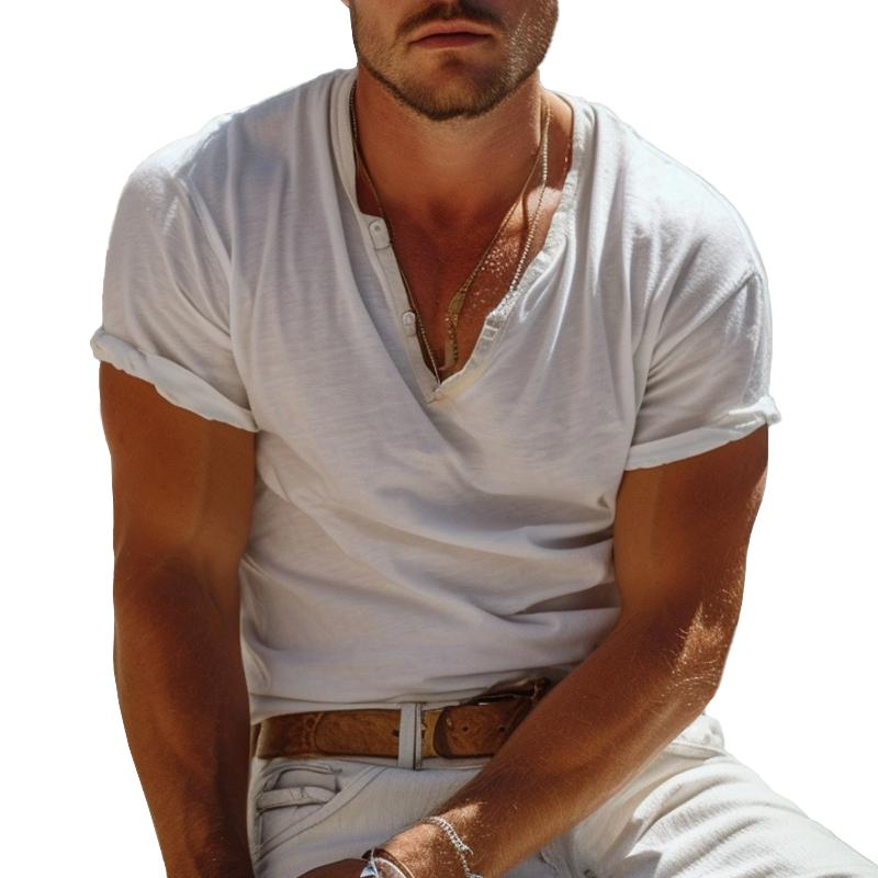 Casual Henley Collar Henley T-shirt with Short Sleeves – Nico-White-S-State of Style