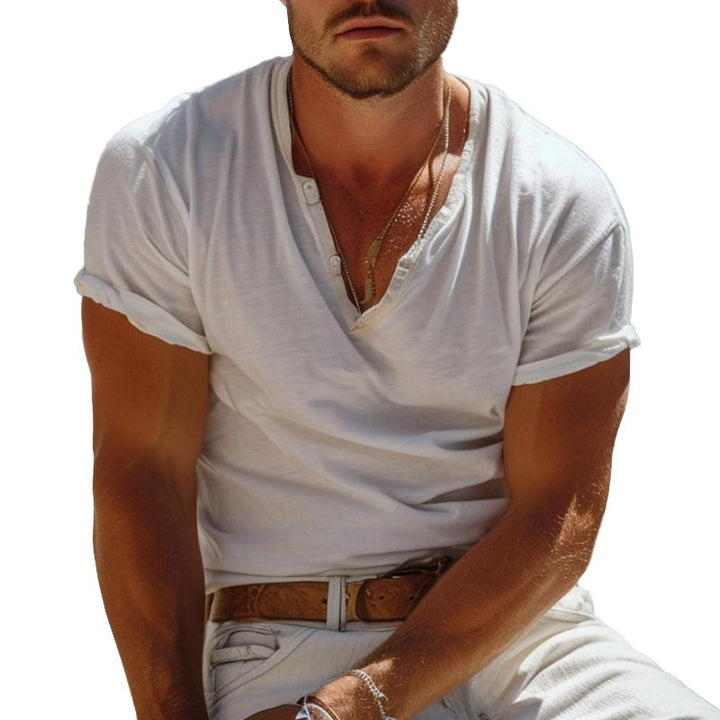 Casual Henley Collar Henley T-shirt with Short Sleeves – Nico-White-S-State of Style