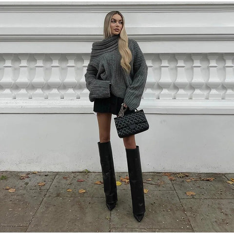 Casual Knitted Sweater with One Shoulder - LuxeOne-White-One Size-Nora Luxe