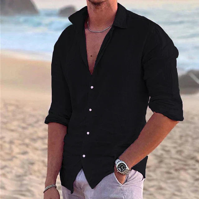 Casual men's linen shirt with long sleeves – Milan-Black-S-Nora Luxe