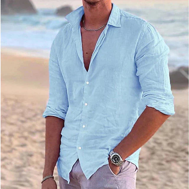 Casual men's linen shirt with long sleeves – Milan-Blue-S-Nora Luxe