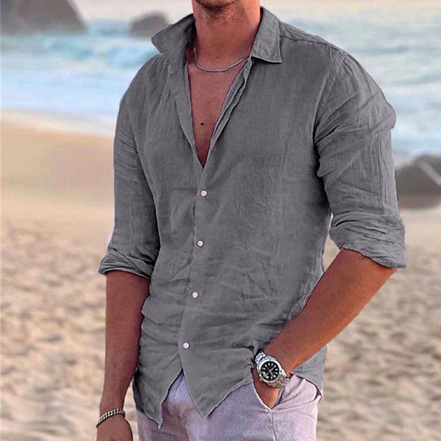 Casual men's linen shirt with long sleeves – Milan-Gray-S-Nora Luxe