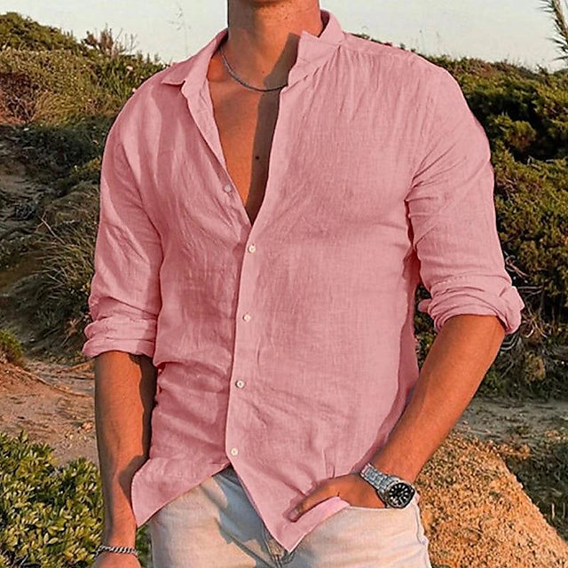 Casual men's linen shirt with long sleeves – Milan-Pink-S-Nora Luxe