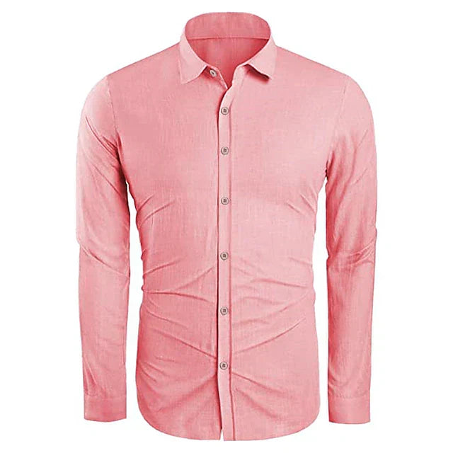 Casual men's linen shirt with long sleeves – Milan-Pink-S-Nora Luxe