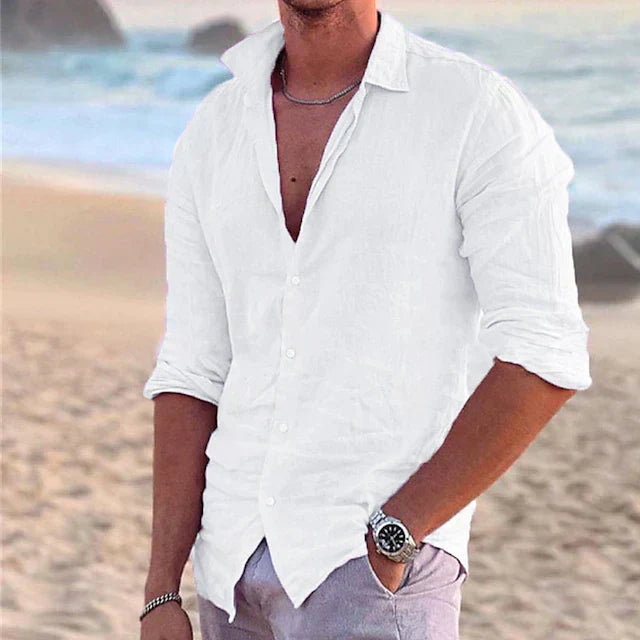 Casual men's linen shirt with long sleeves – Milan-White-S-Nora Luxe