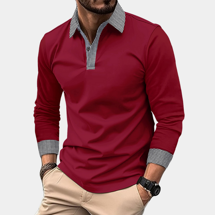 Casual Men's Polo with Long Sleeves - Finn-Burgundy-M-Nora Luxe