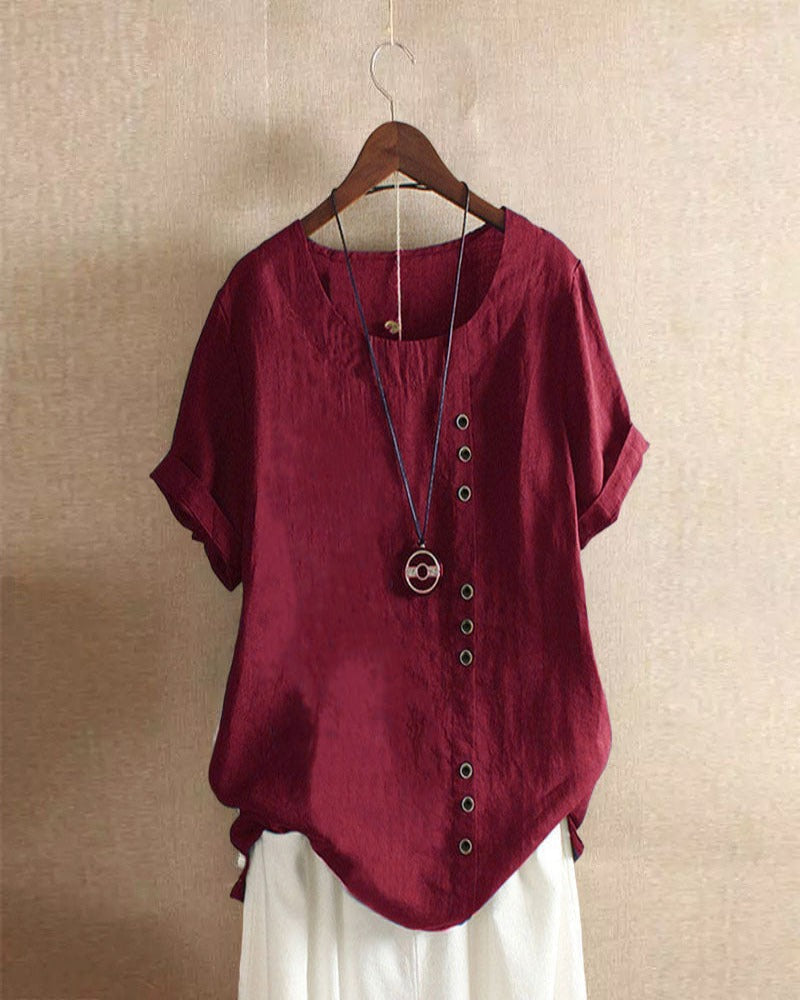 Casual Short Sleeve Blouse with Round Neck - Nora-Bordeaux-S-Nora Luxe