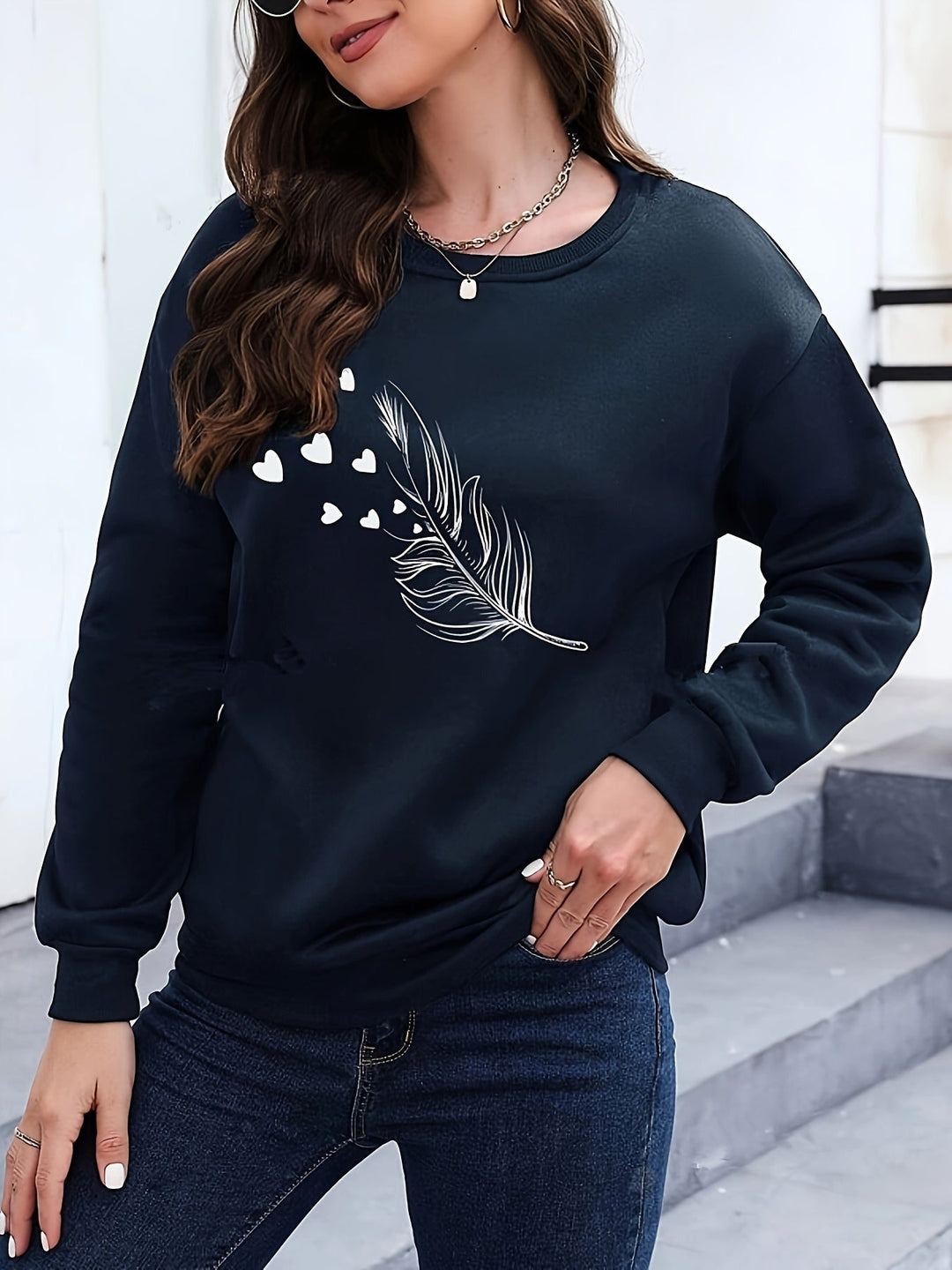 Casual Sweatshirt with Feather Print - Marisa-Black-S-Nora Luxe