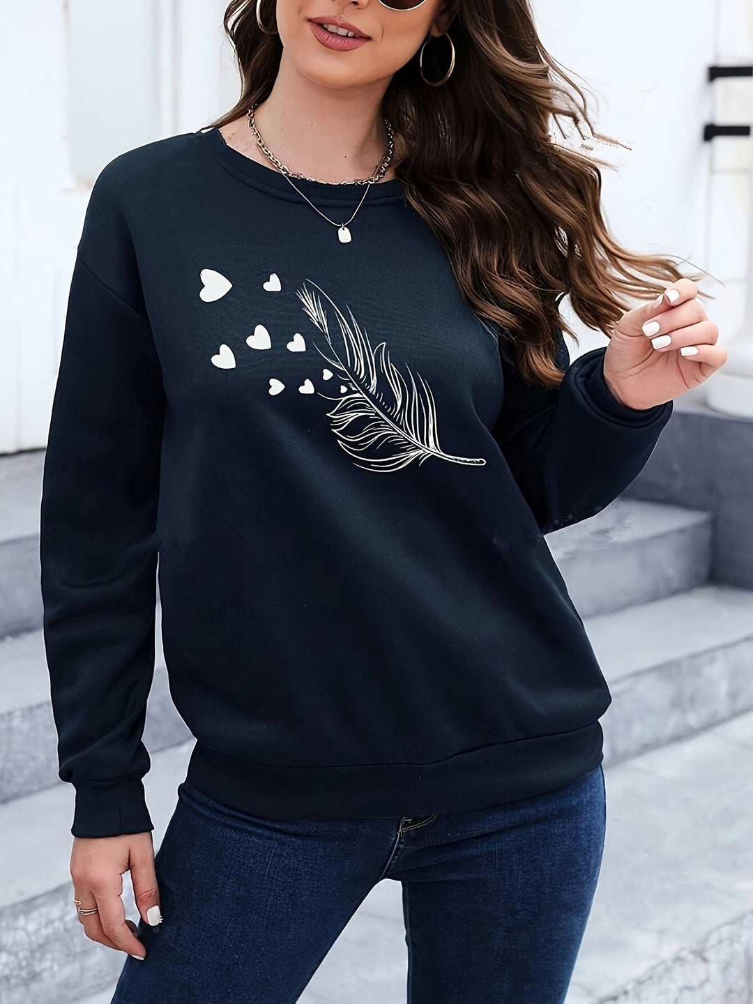 Casual Sweatshirt with Feather Print - Marisa-Dark green-S-Nora Luxe