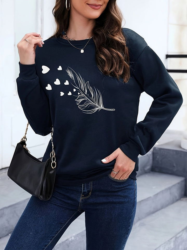 Casual Sweatshirt with Feather Print - Marisa-Dark green-S-Nora Luxe