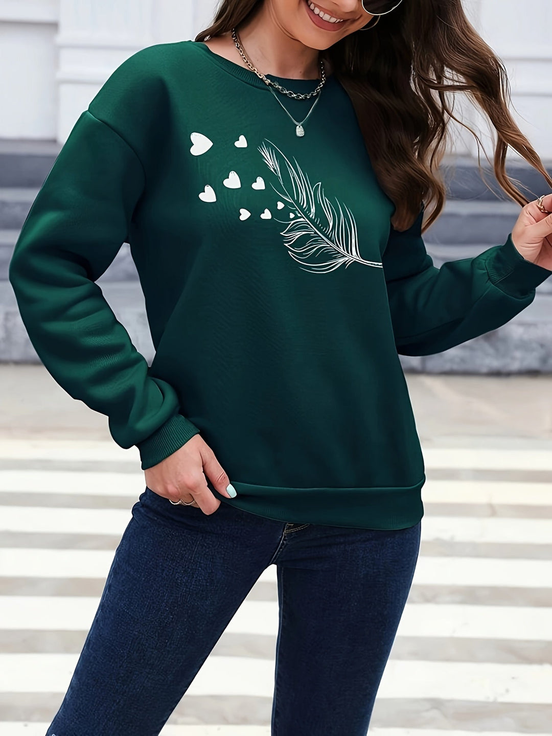 Casual Sweatshirt with Feather Print - Marisa-Dark green-S-Nora Luxe