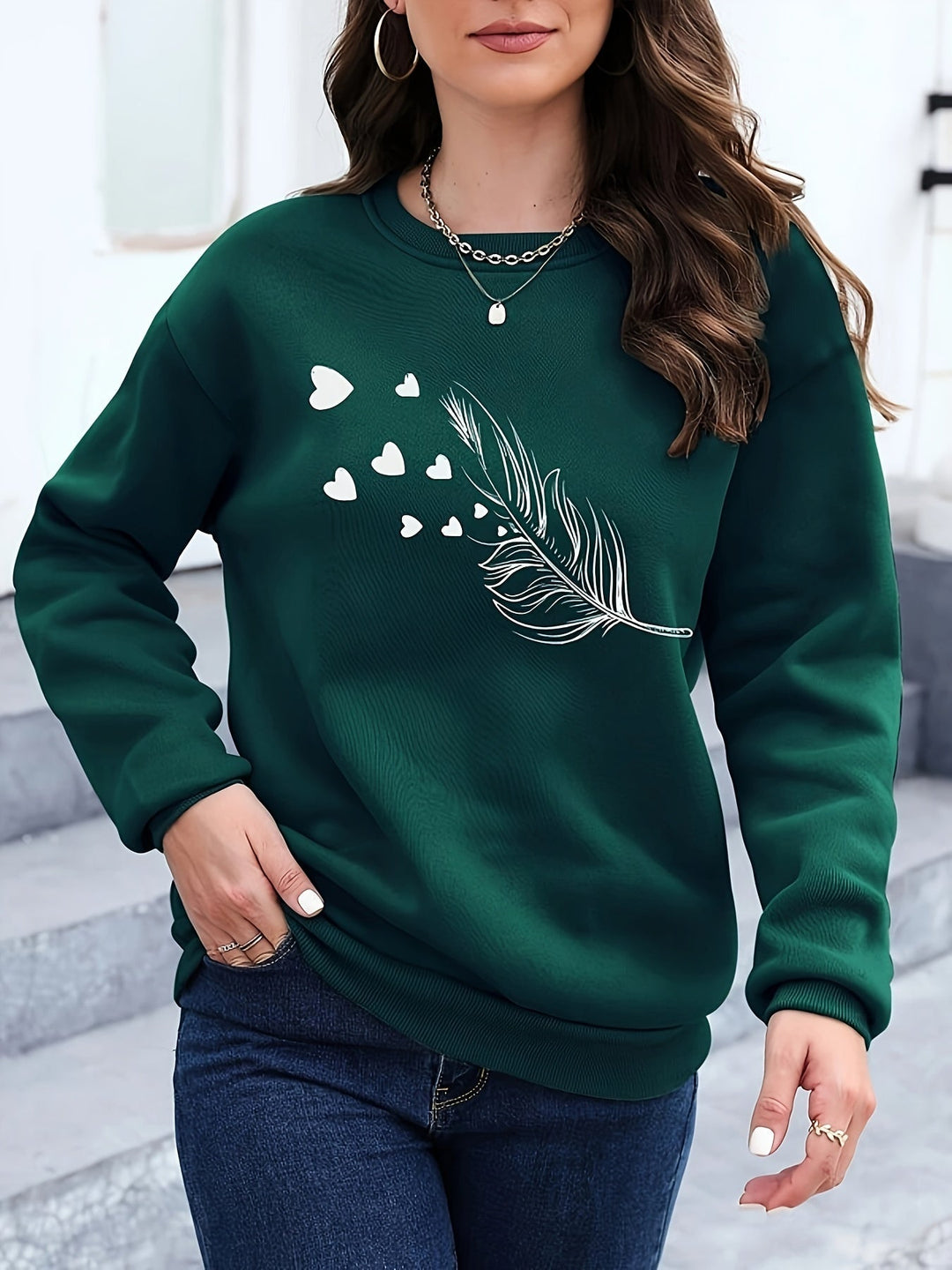 Casual Sweatshirt with Feather Print - Marisa-Dark green-S-Nora Luxe