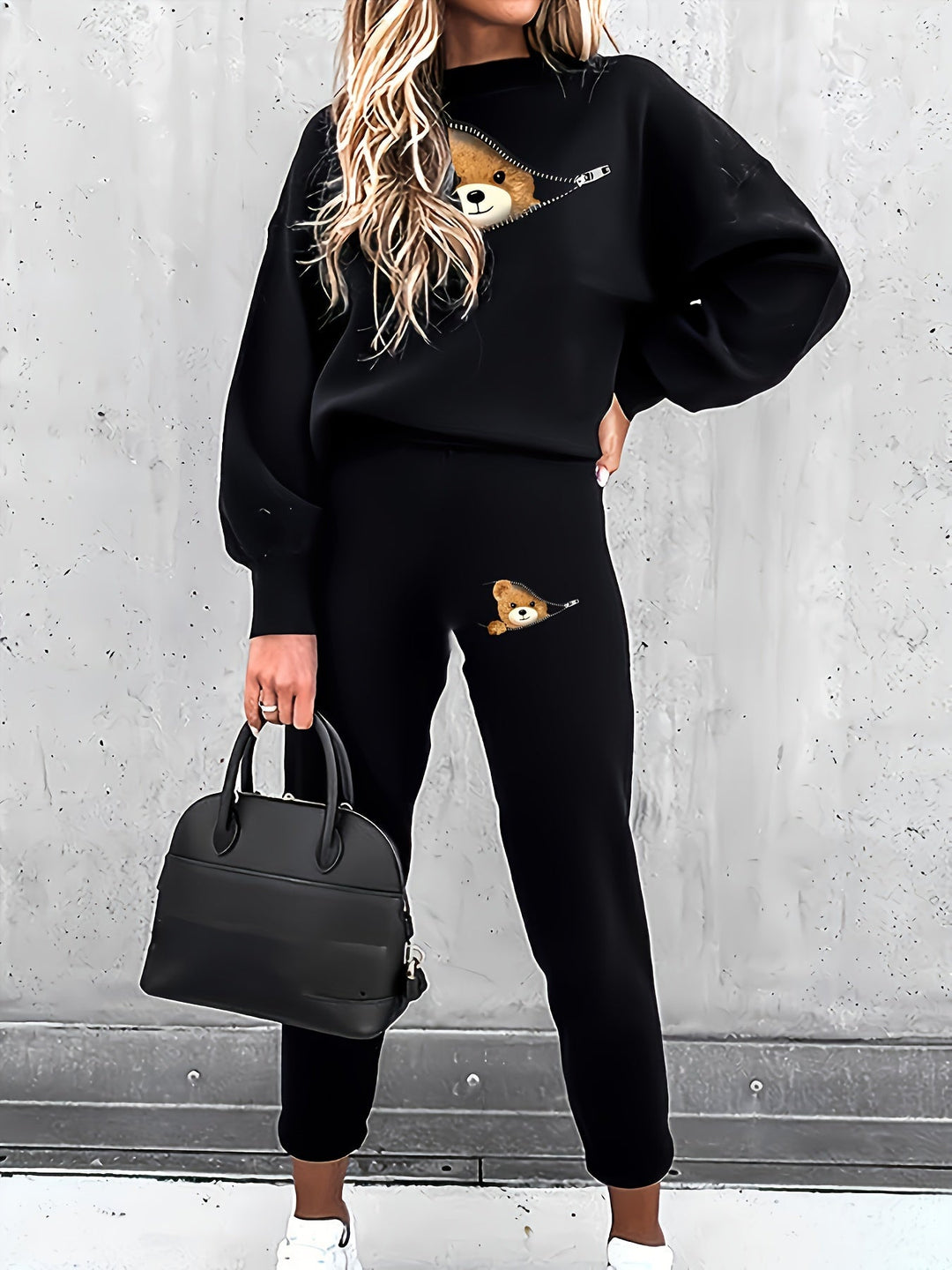 Casual Two-Piece Outfit with Cute Bear Print - Mila-Black-S-Nora Luxe