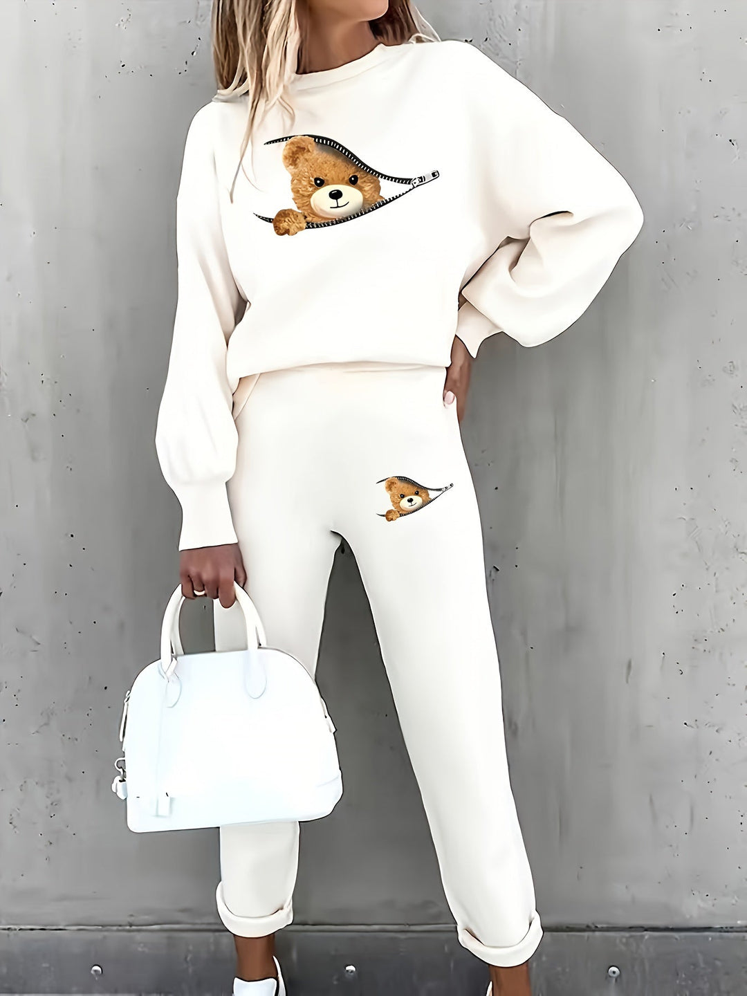 Casual Two-Piece Outfit with Cute Bear Print - Mila-White-S-Nora Luxe